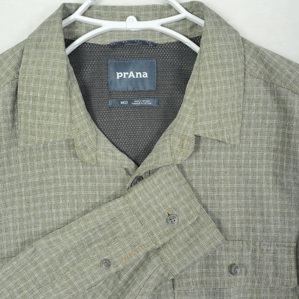 PrAna Mens Garvan Long Sleeve‎ Button Up Plaid Shirt Medium Green Vented Outdoor